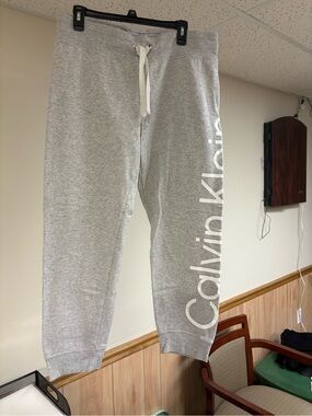 Calvin Klein Light Gray Logo Track Joggers with White Drawstring